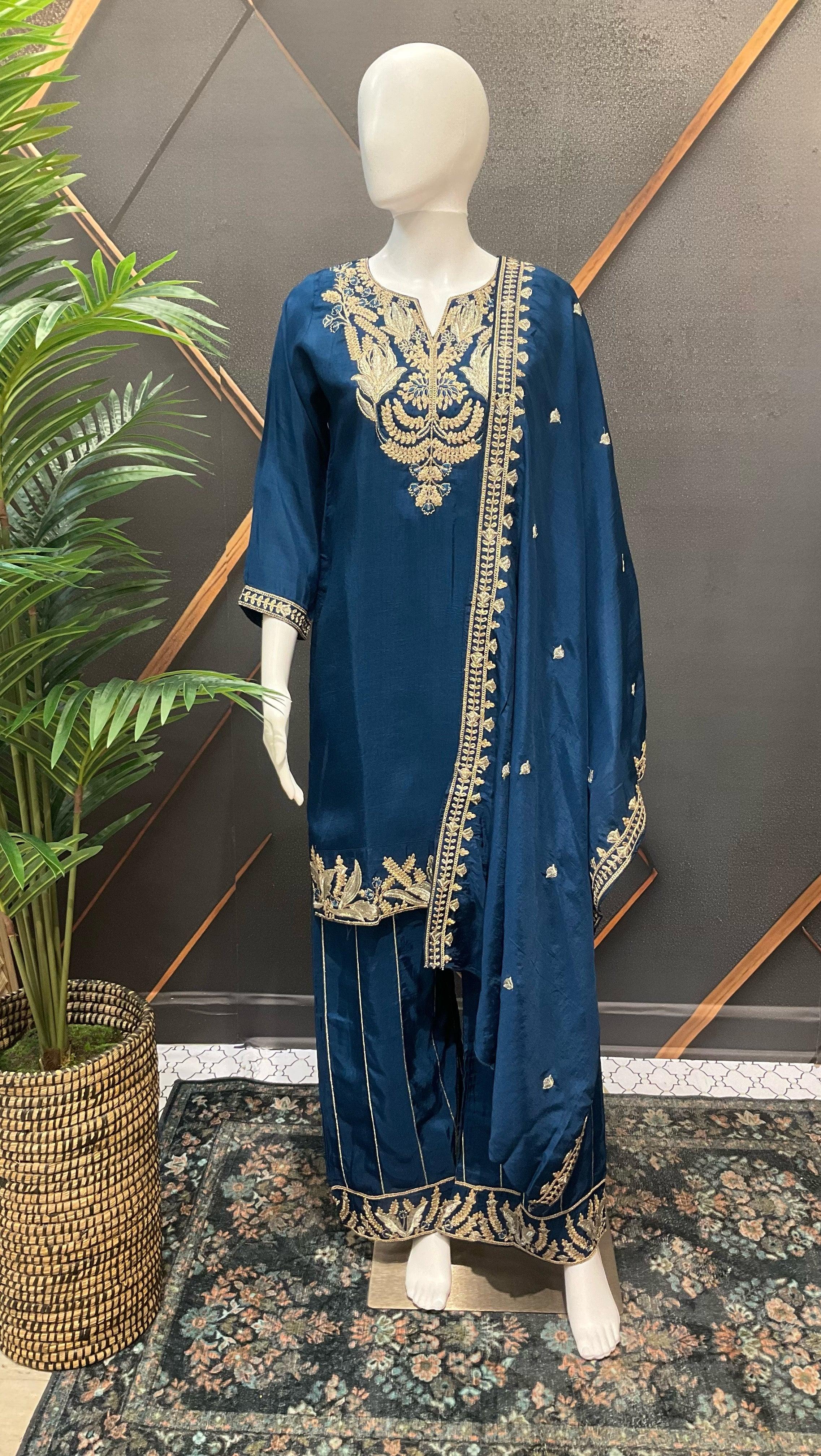 Teal Blue Party Wear Palazzo Set - Gold Zari Lightweight