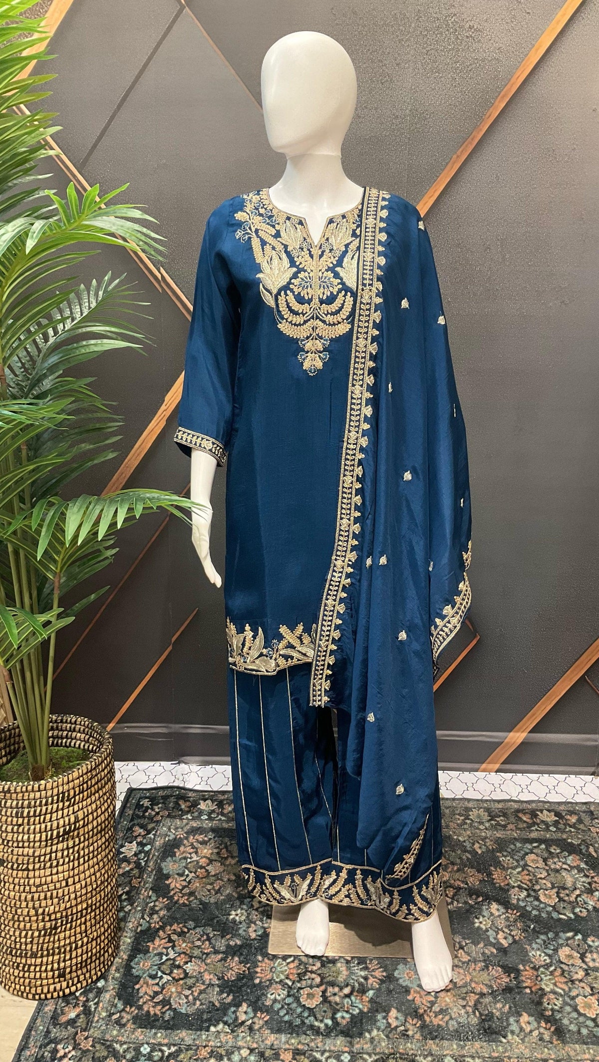 Teal Blue Party Wear Palazzo Set - Gold Zari Lightweight