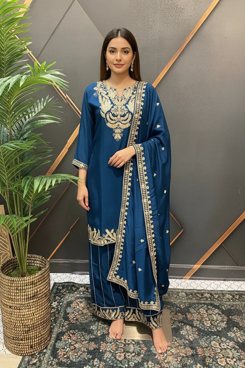 Teal Blue Party Wear Palazzo Set - Gold Zari Lightweight