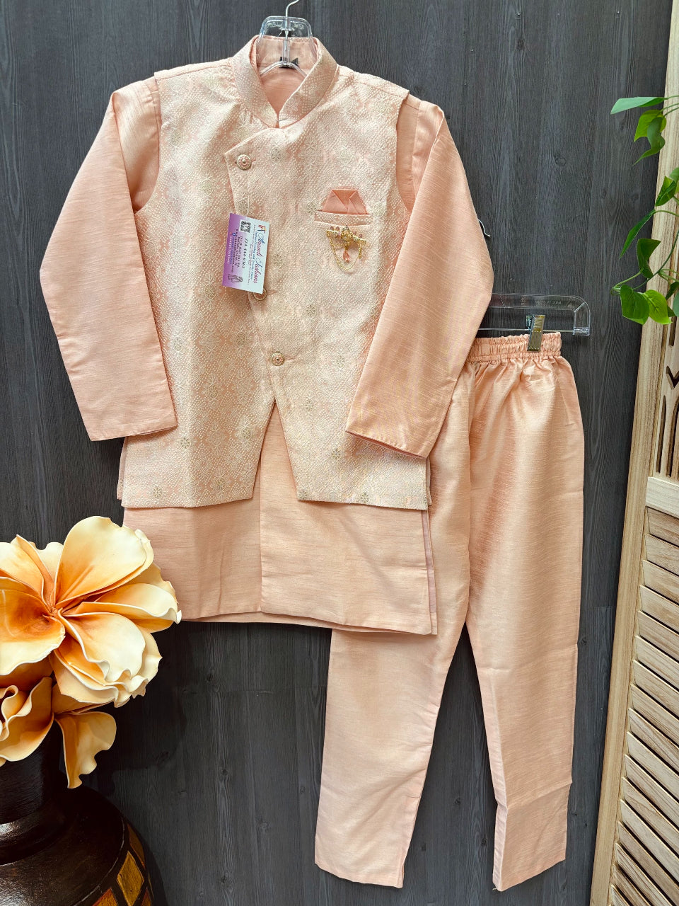 Boys Peach sherwani with Vest image 1