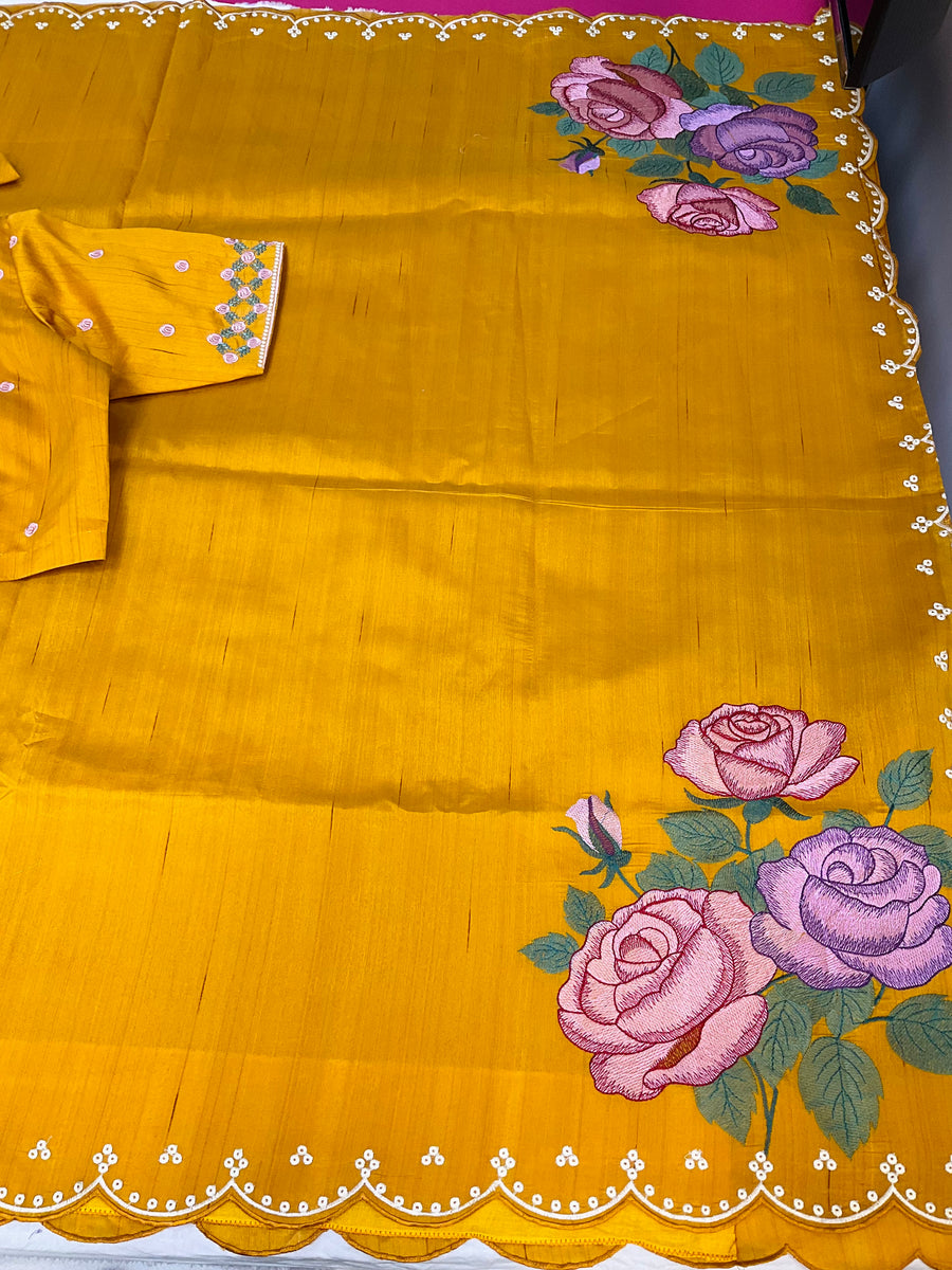 Yellow Tussar Silk saree with Stitched Blouse