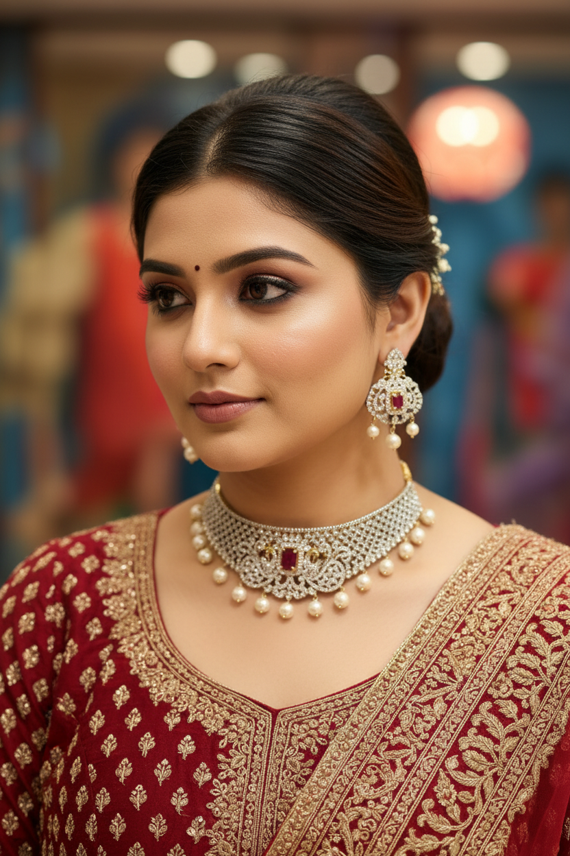 Close-up of woman in red and gold embroidered Indian ethnic wear with pearl and ruby jewelry at Anandi Fashions