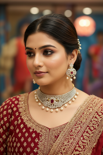 Close-up of woman in red and gold embroidered Indian ethnic wear with pearl and ruby jewelry at Anandi Fashions