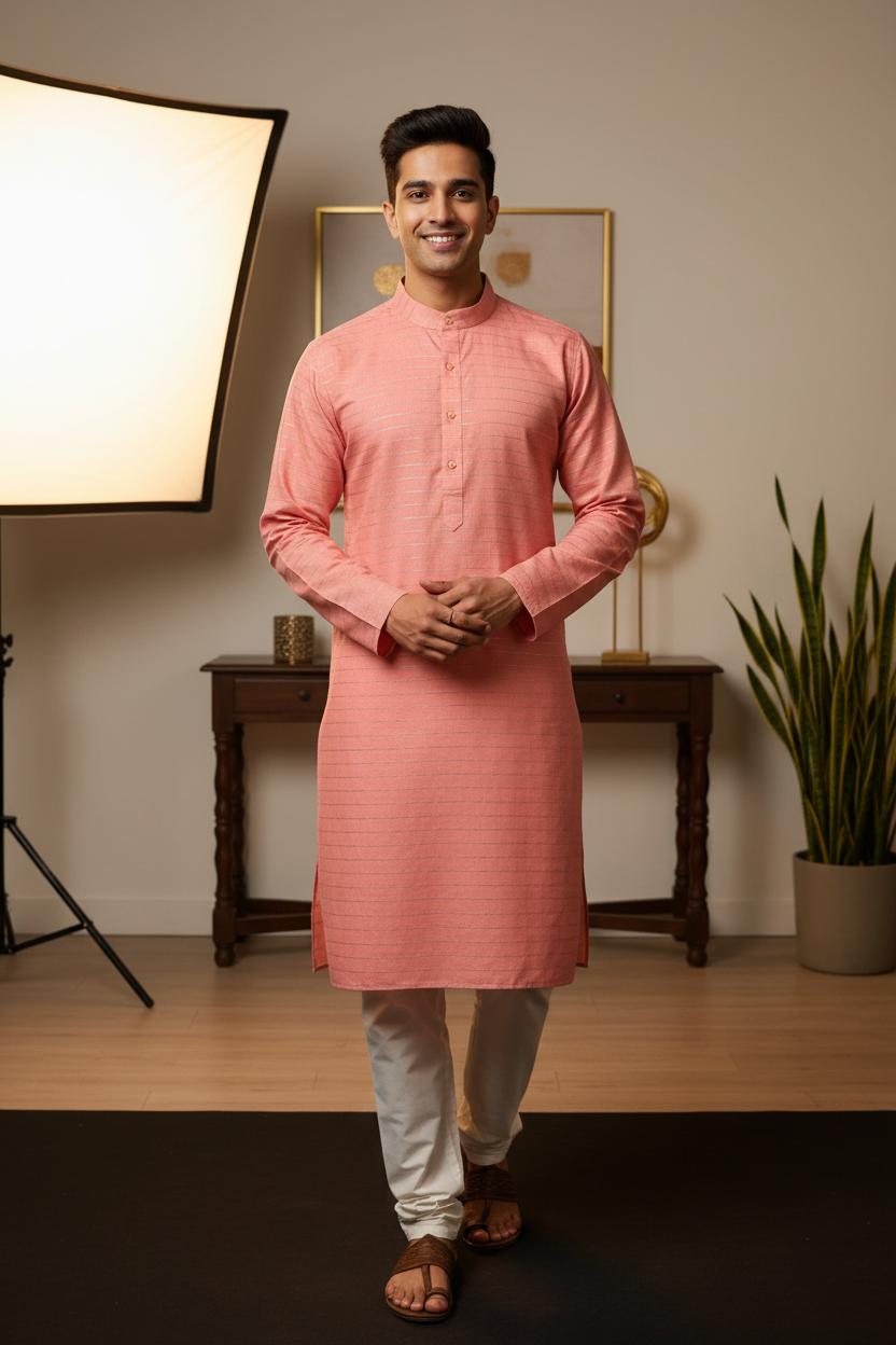 Size 48-Mens Kurta - Mens Kurta Pyjama Set in Dark Pink and Cream