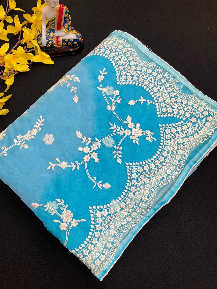 Organza Saree with Thread Embroidery - Elegant Lightweight Saree