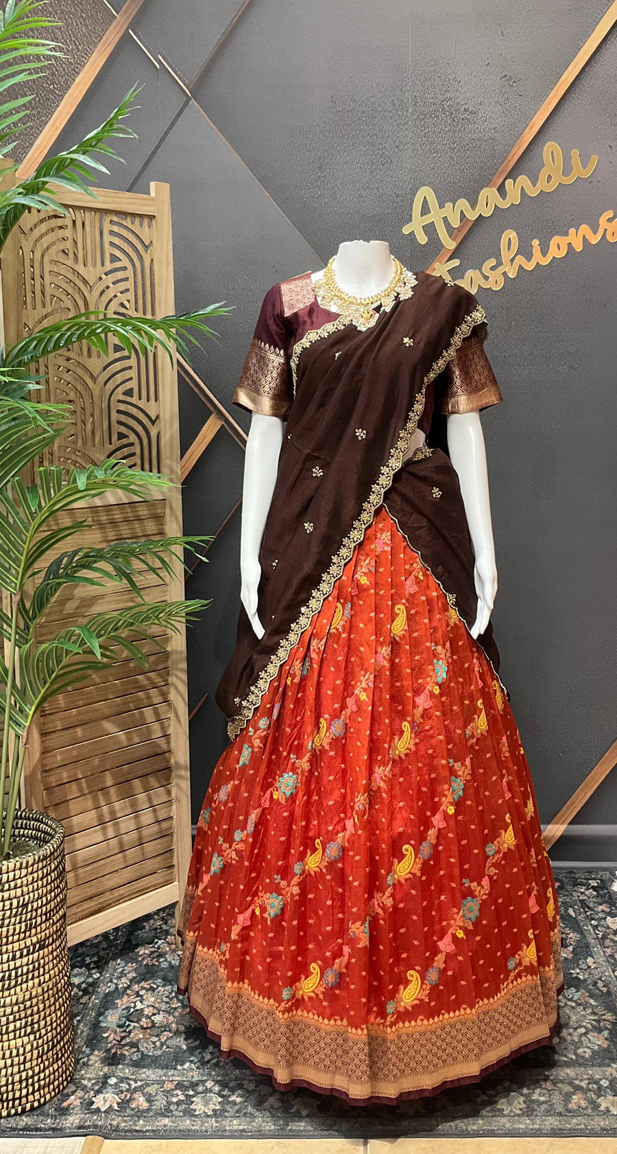 Rust Orange Benarasi Half Saree/ Lehenga set