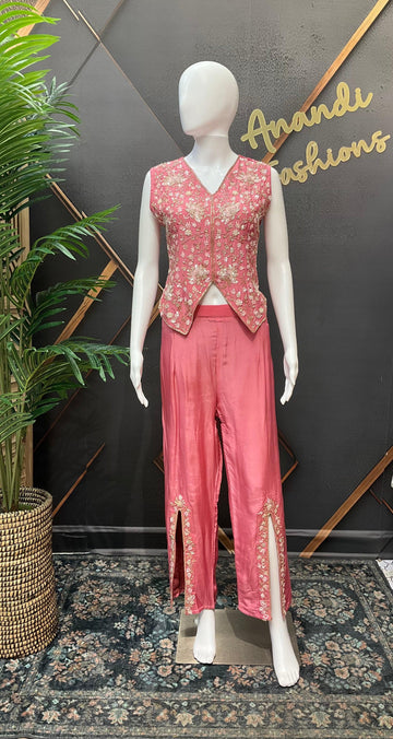 Pink Satin Silk Indo Western Set with Vest - Party Wear