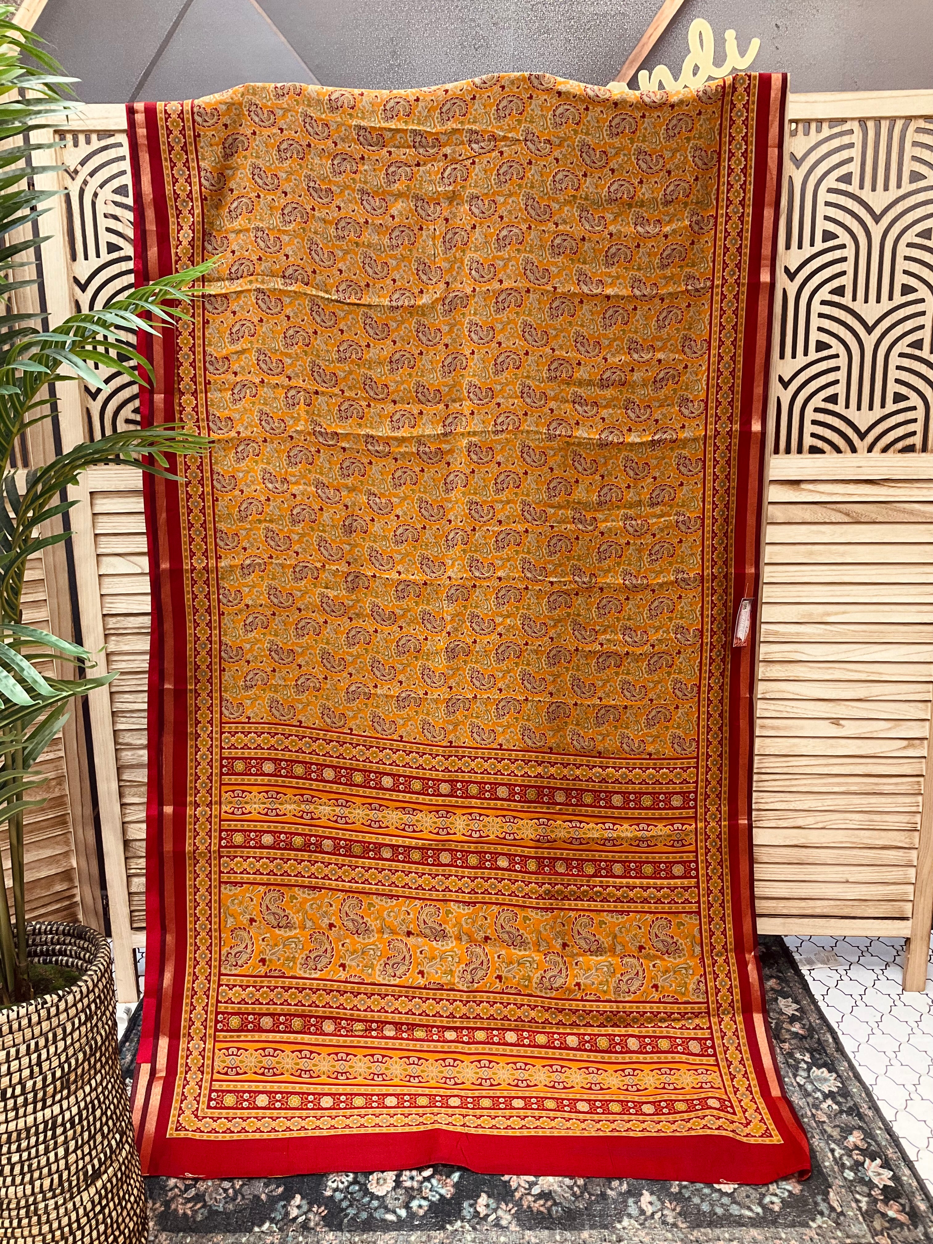 Yellow Ajrakh Print Sarees with stitched blouse