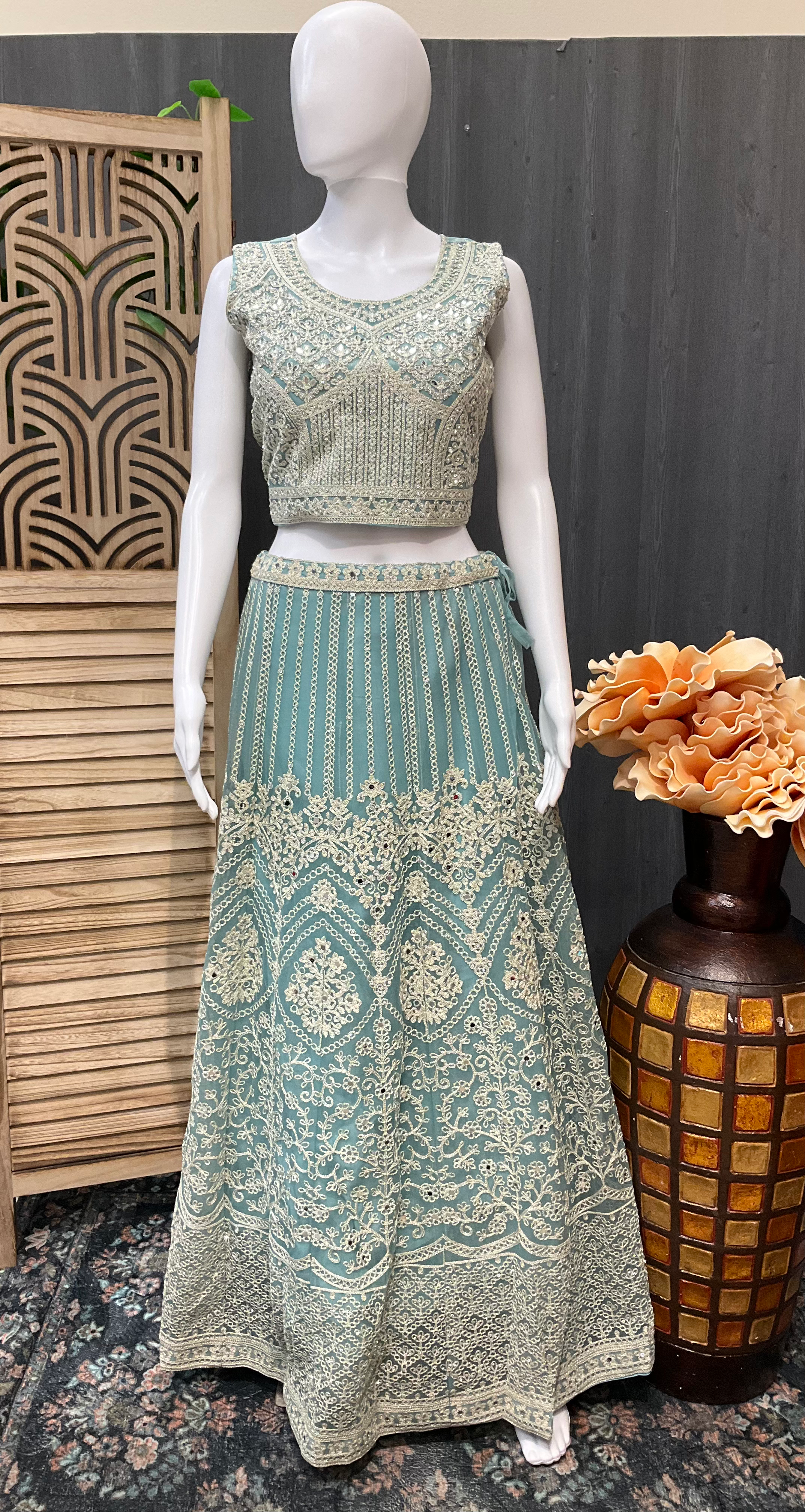 Glass Tissue Material-Heavy Work Party Wear Lehanga set in Pastel colors image 9