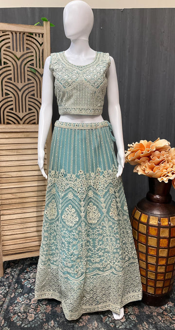 Pastel Glass Tissue Heavy Work Lehenga Set - Party Wear