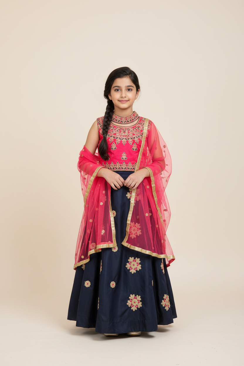 Girls - Navy Blue and Pink combination Lehenga set-size 26