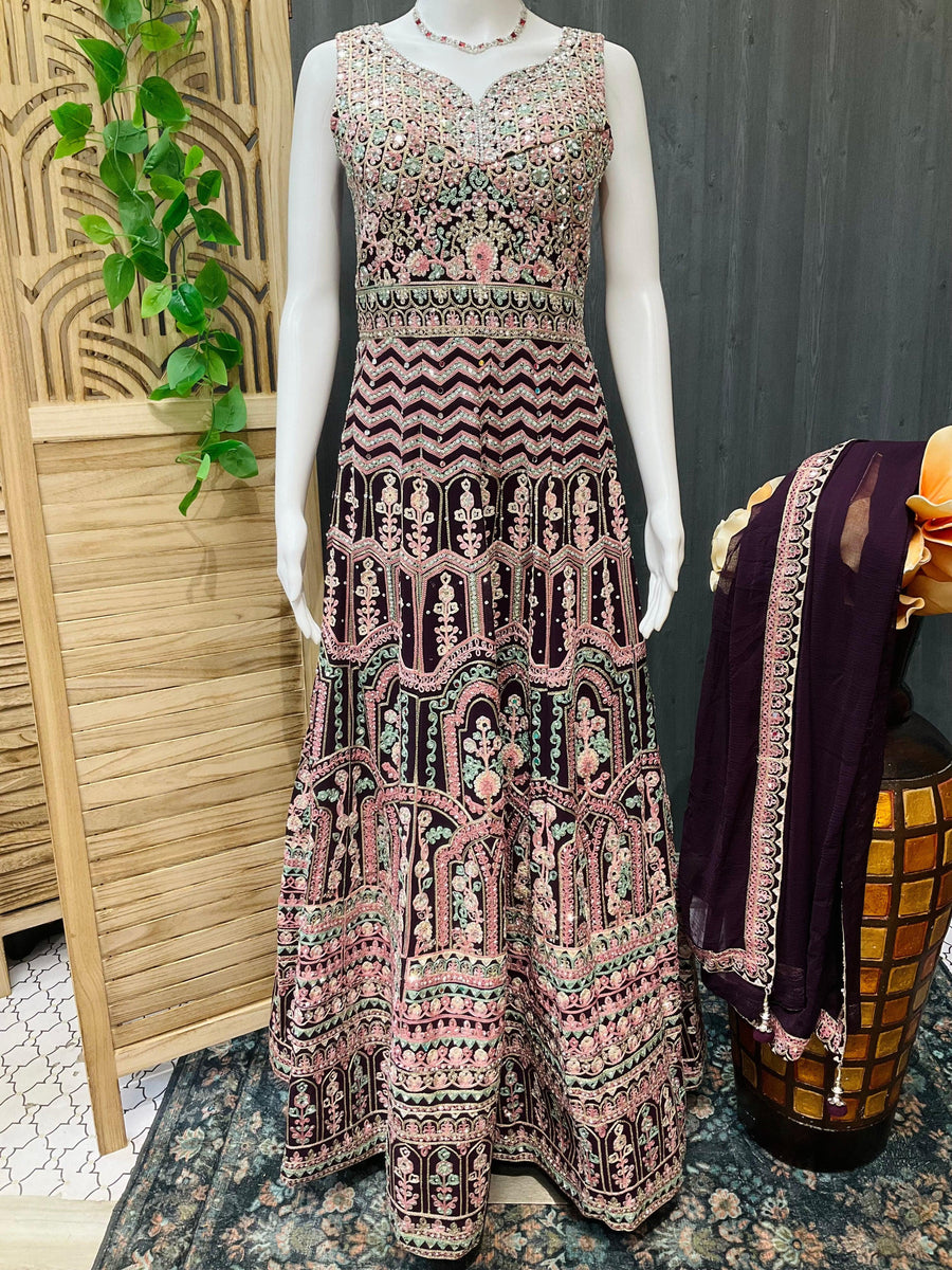 Wine Georgette Party Dress Size 36 | Heavy Embroidery Long Gown with Mirrors