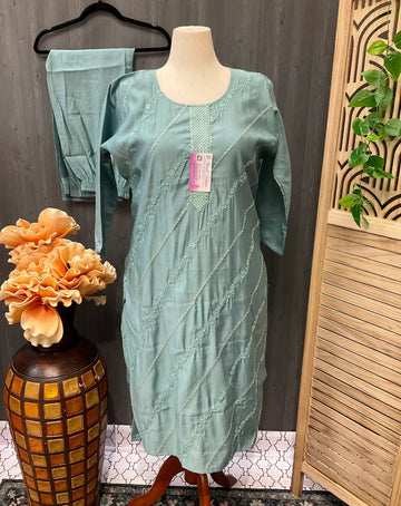 Plus Size Roman Silk Embroidery Kurti Set Size 44 - 3-Piece Party Wear