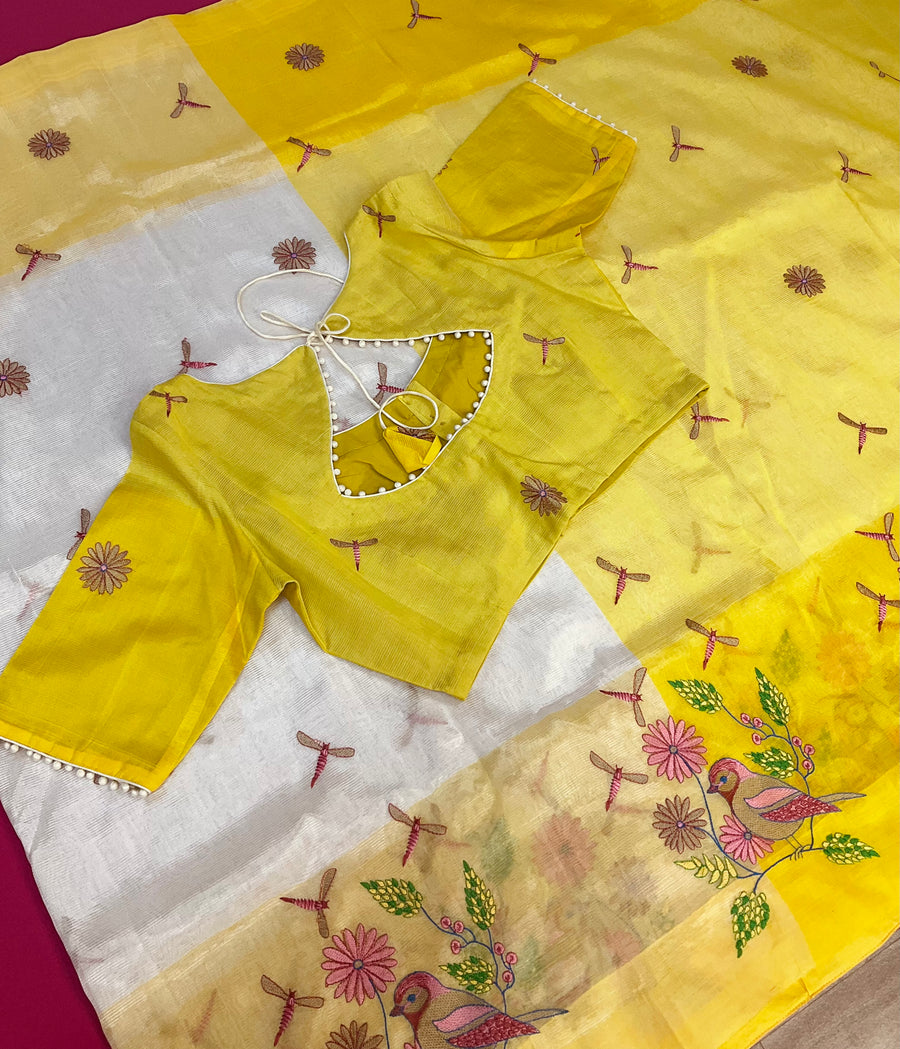 Mangalagiri Silk Half White Saree with stitched Blouse