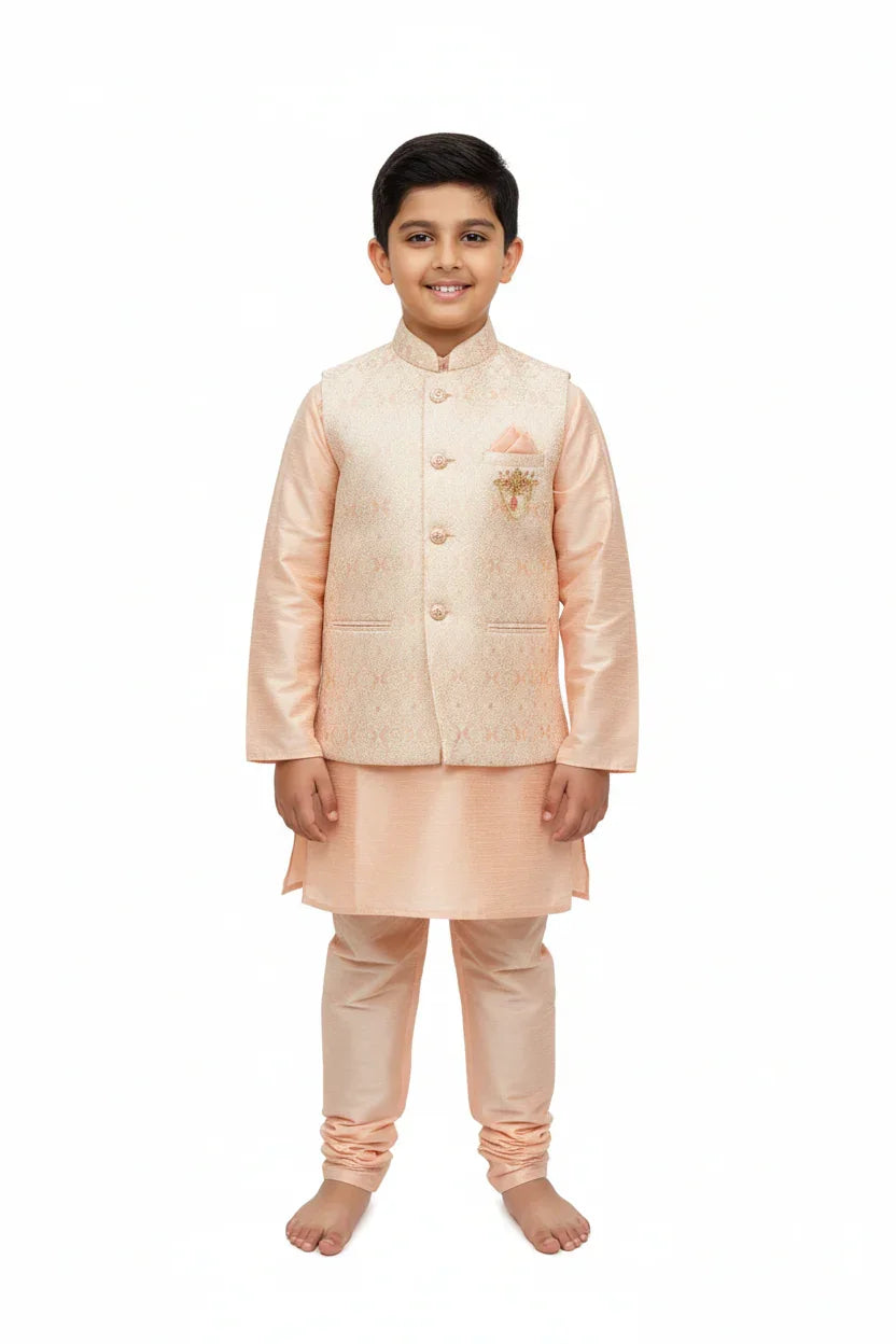 Smiling boy in peach Indian ethnic kurta with embroidered sleeveless jacket, standing barefoot