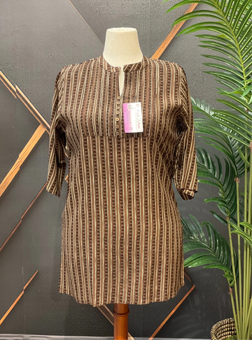 Plus Size Brown Pure Cotton Short Kurti - Casual Ethnic Wear