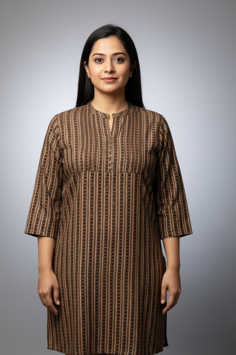 Plus Size Brown Pure Cotton Short Kurti - Casual Ethnic Wear