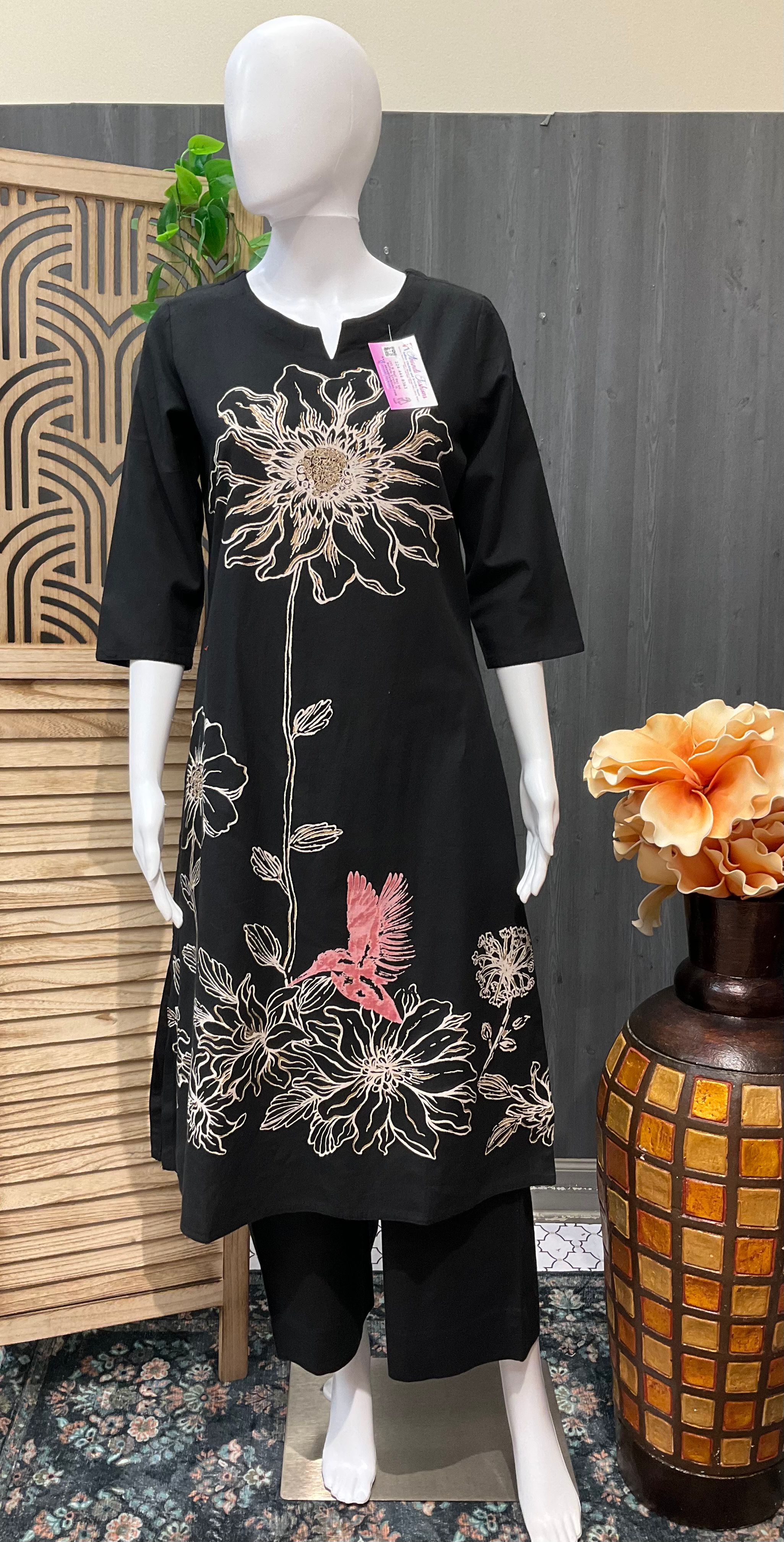 Humming Bird Print - Black Kurti with short Palazzo pants image 0