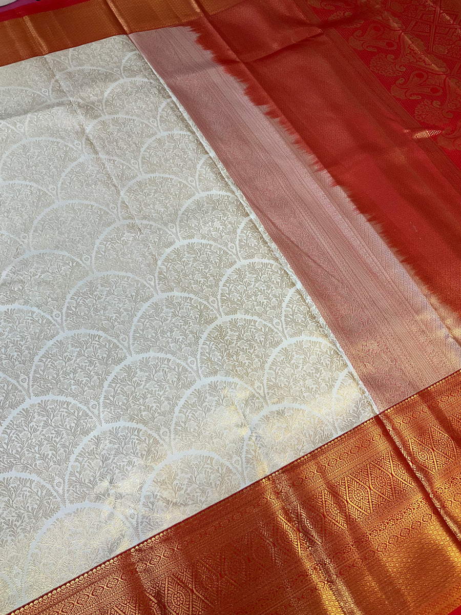 Off White & Red Semi Silk Kanjeevaram Saree