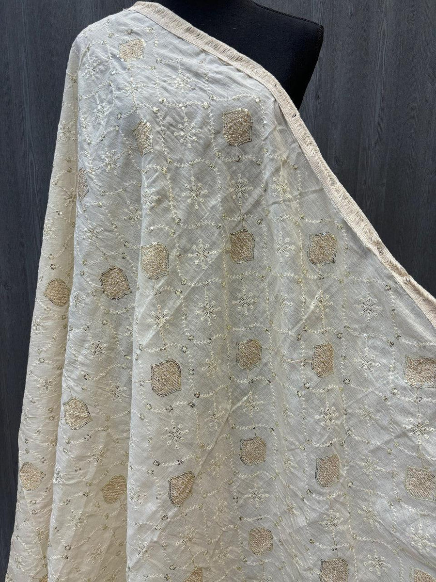 Half white color khaadi dupatta with thread work