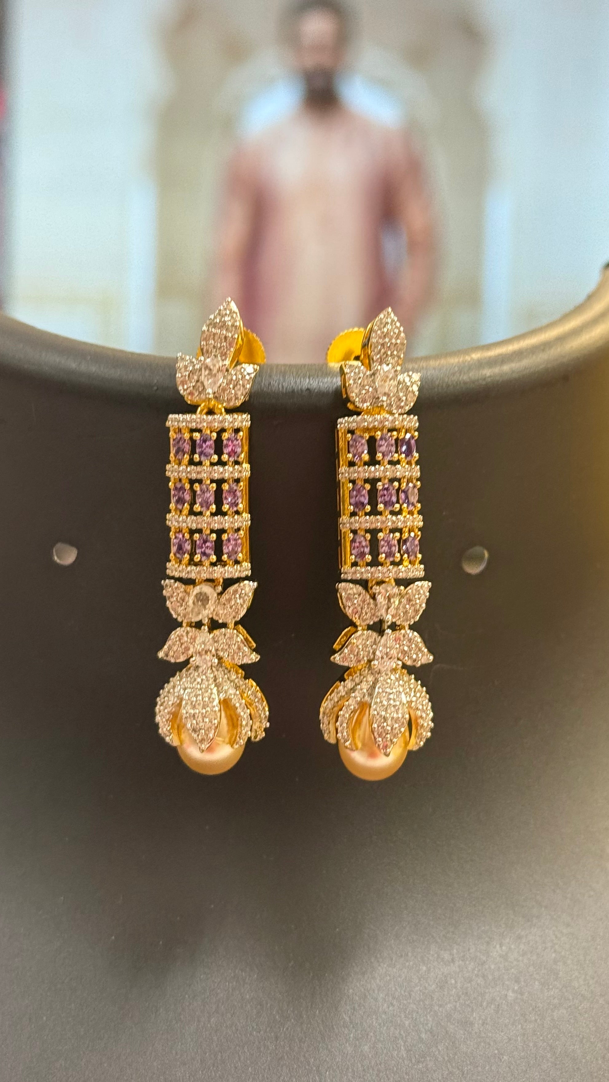 CZ Earrings with Pearl Hanging Lavender - Jewelry - Earrings - Anandi Fashions