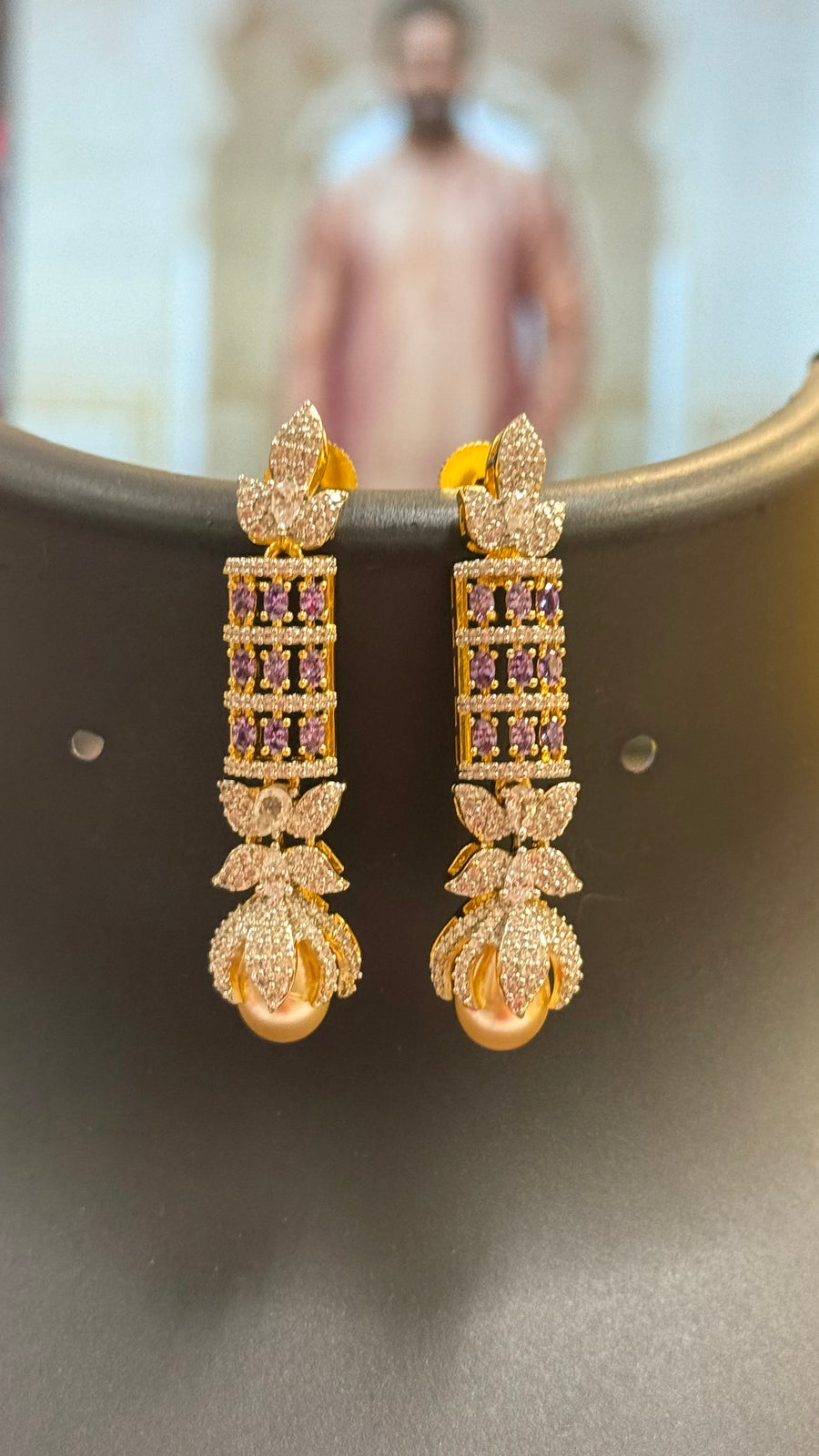 CZ Earrings with Pearl Hanging Lavender