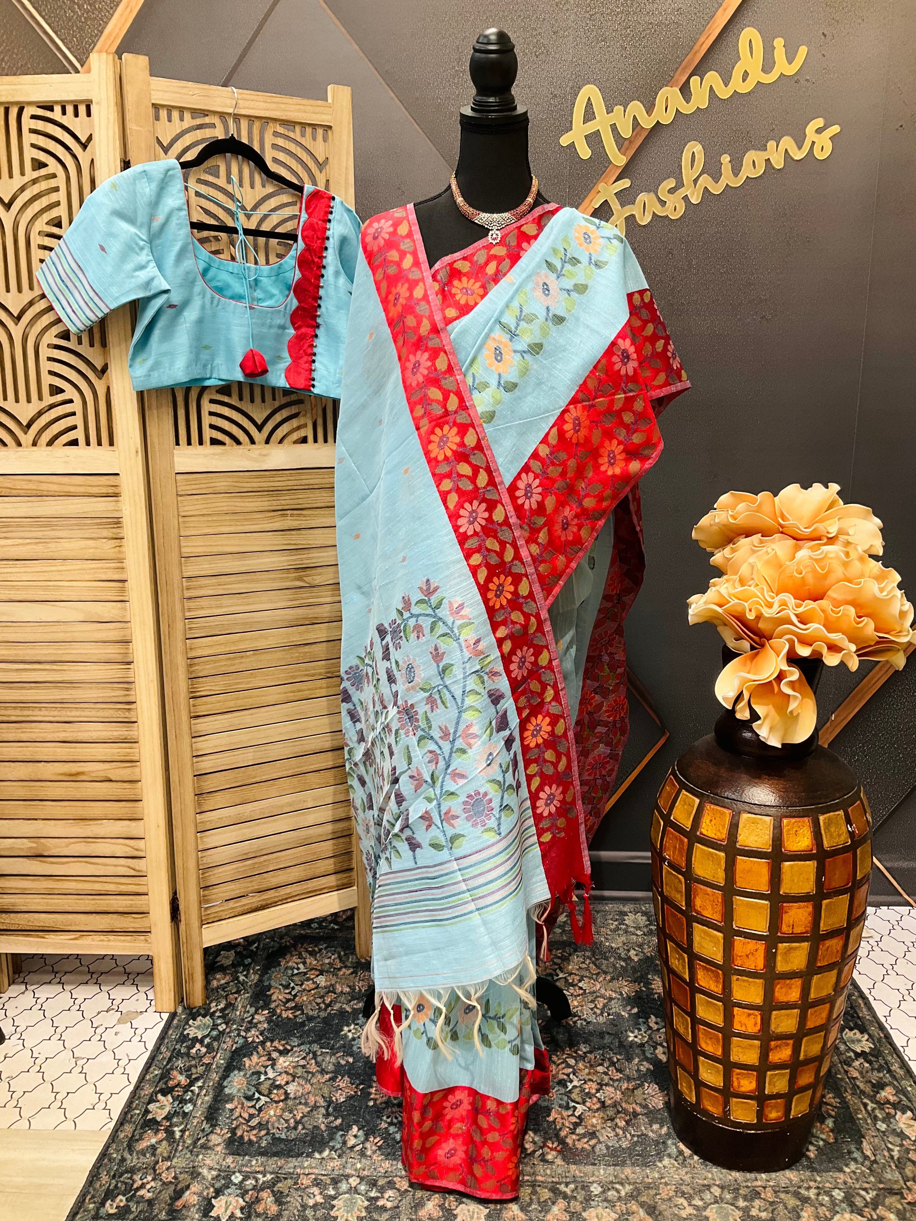 Blue-Lenin Jamdhani weaving Saree with Stitched blouse-fall pico done