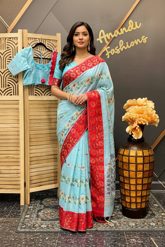 Blue-Lenin Jamdhani weaving Saree with Stitched blouse-fall pico done