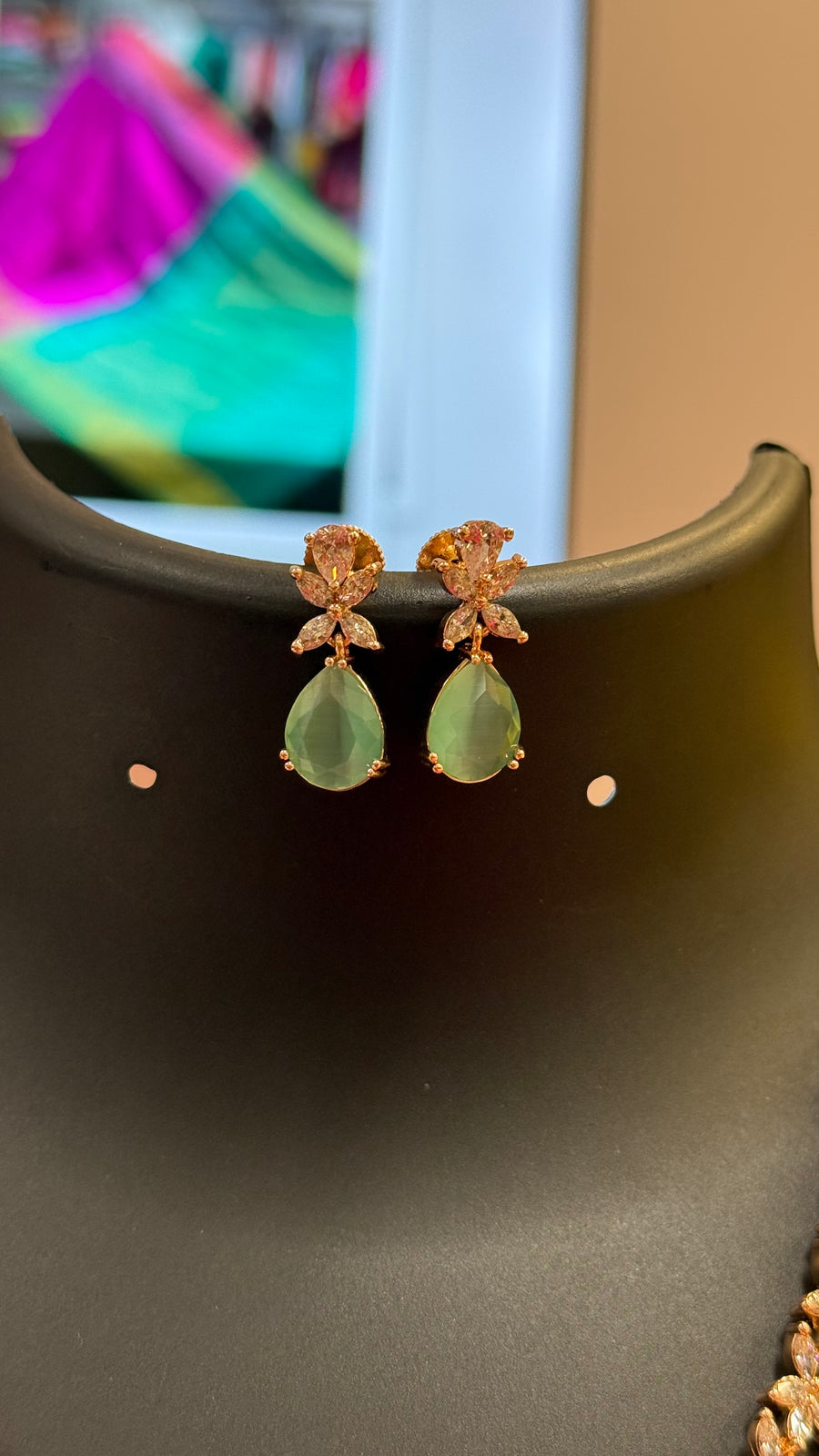 CZ Rose Gold Necklace set with Mint Green Stone