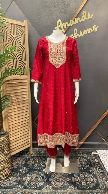 Red Party Wear Anarkali Kurti Set Size 42/44 - Roman Silk with Floral Dupatta