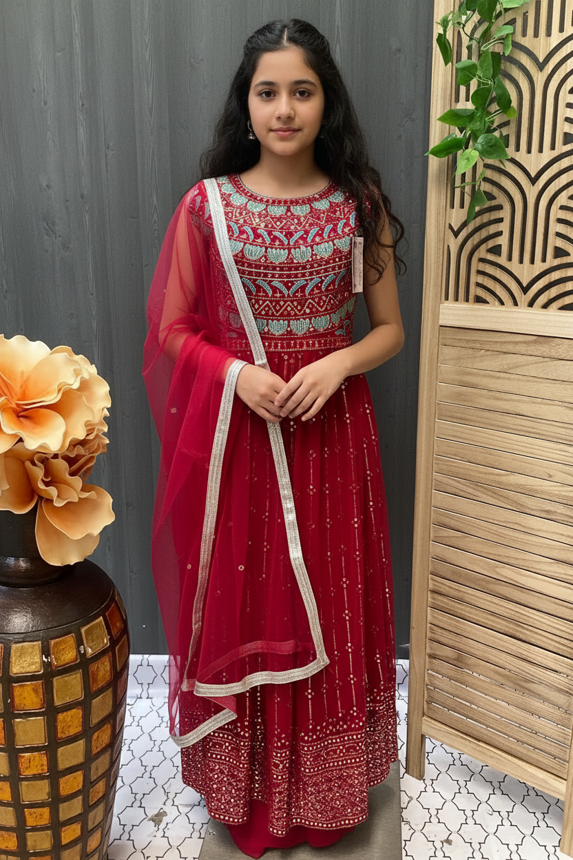 Teen Girls Pink Nyra Cut Party Wear Suit Size 40 - Stylish Ethnic Wear