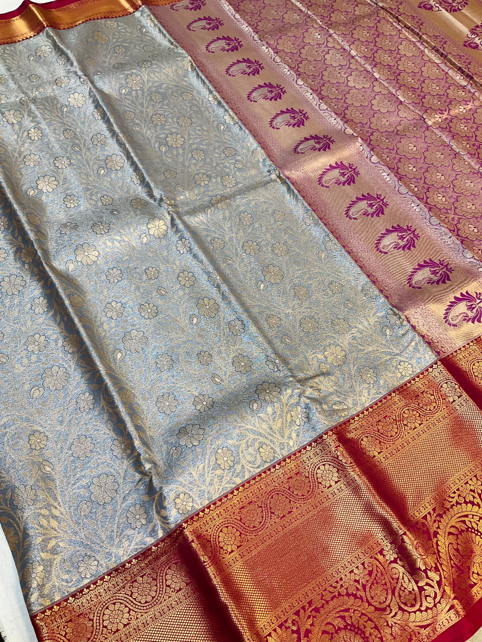 Grey and Maroon Combination -Semi silk Kanjeevaram saree image 2