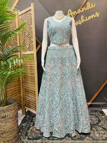 Pastel Net Lehenga Set with Real Mirror Work - Heavy Party Wear