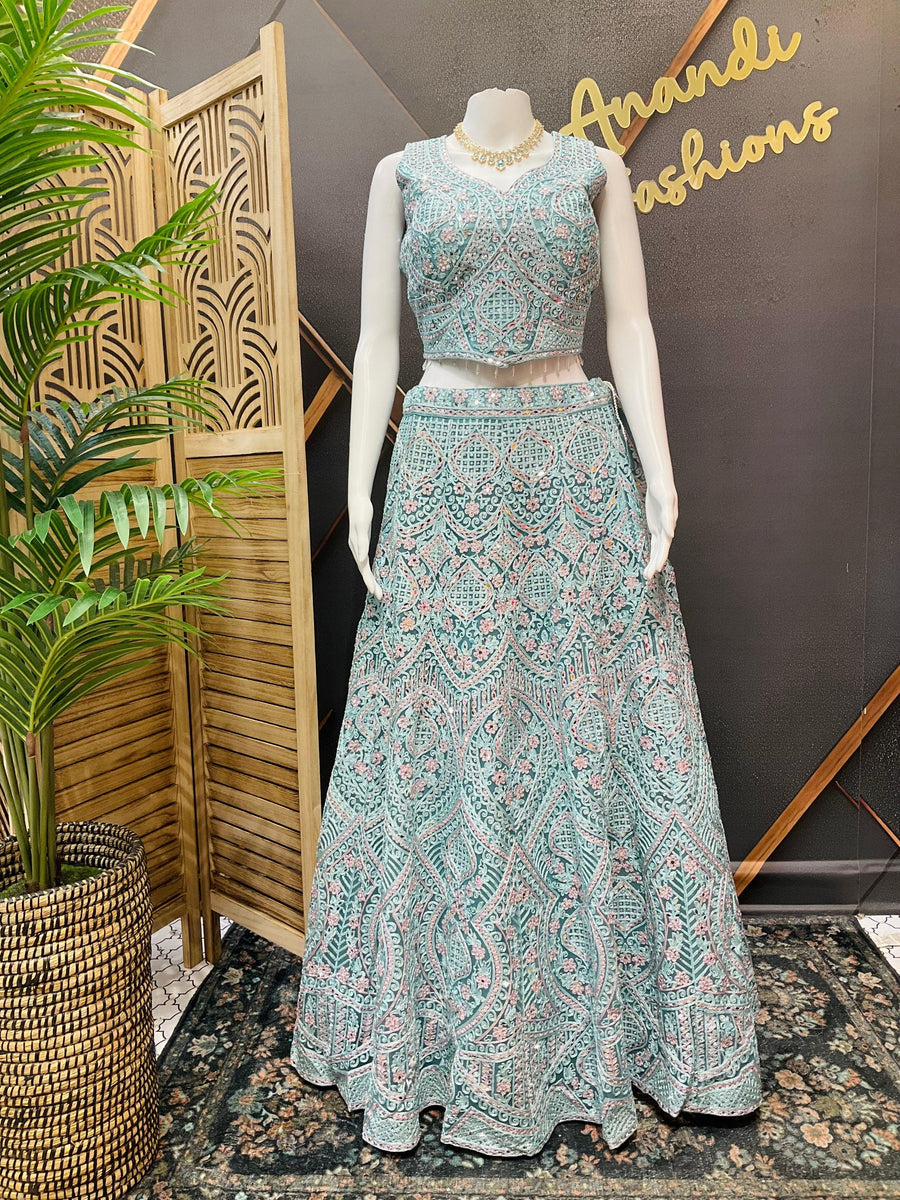 Pastel Net Lehenga Set with Real Mirror Work - Heavy Party Wear