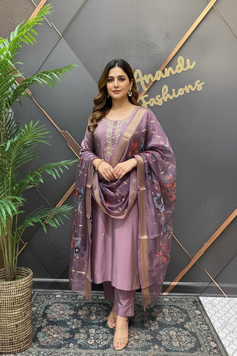 Plus Size - Lavender Shimmery Tissue Party Wear Kurti Set