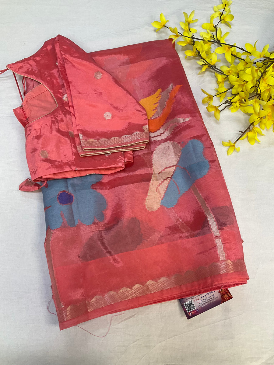 Peach color Paper Silk Saree with stitched blouse