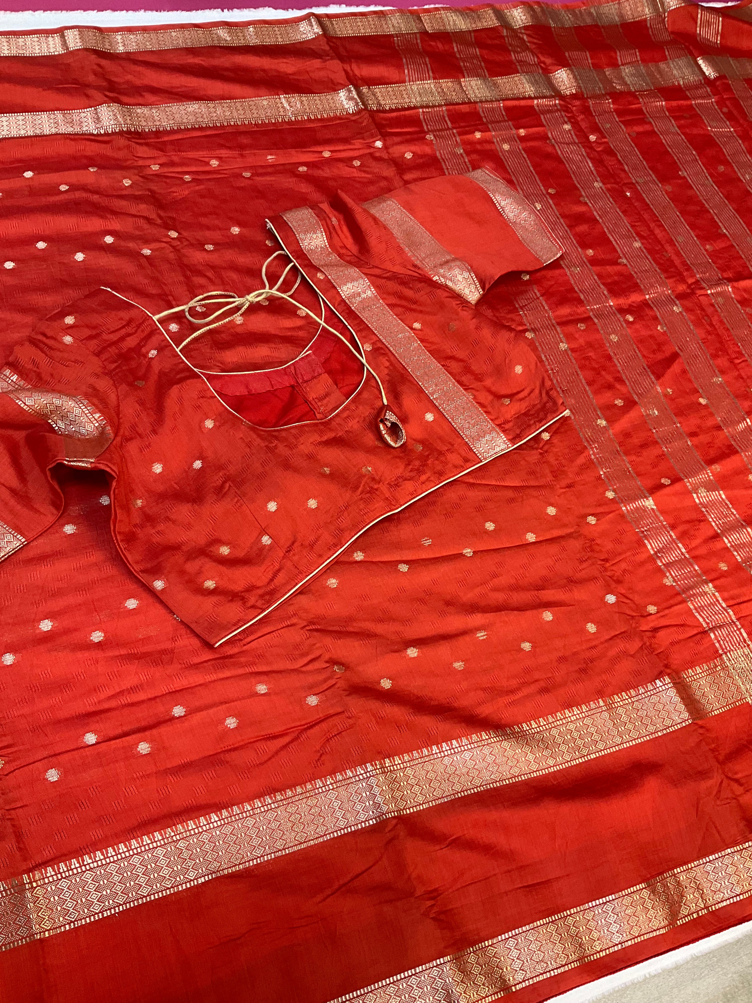 Rust orange Handloom saree with stitched blouse