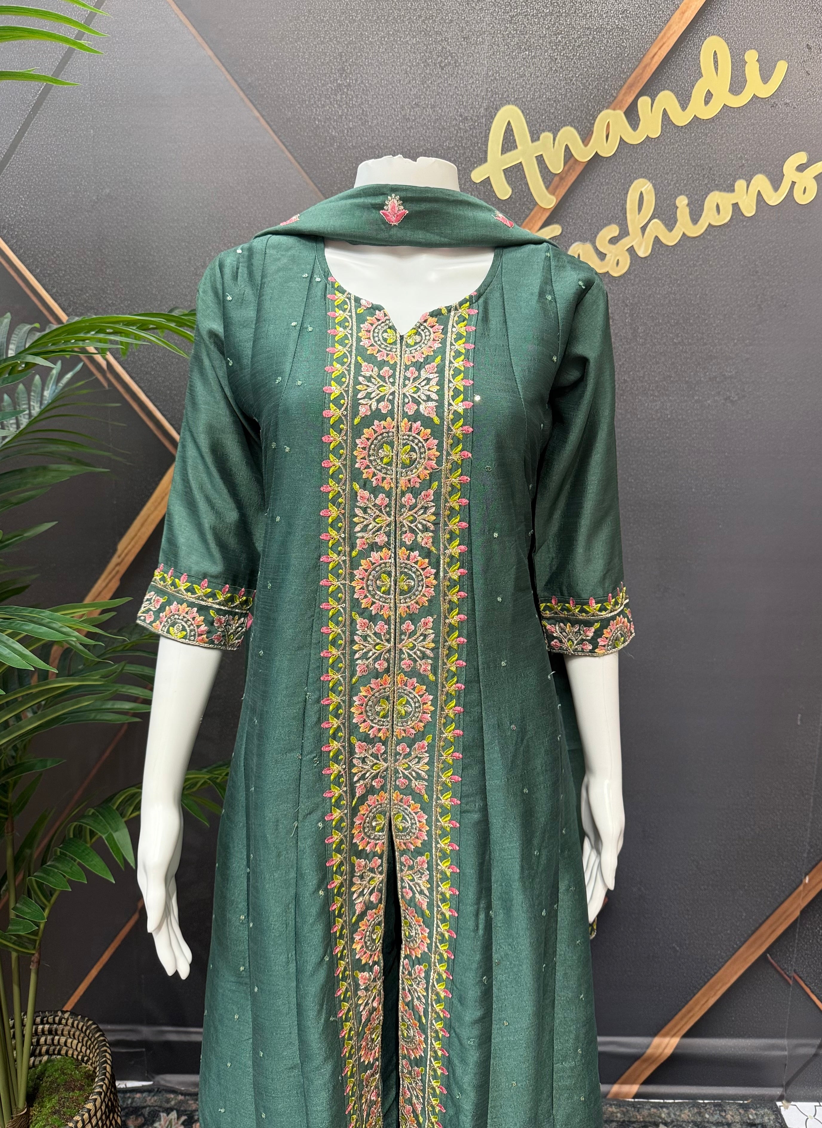 Teenage Girls-Dark Green- Anarkali Chudidhar/Kurti set