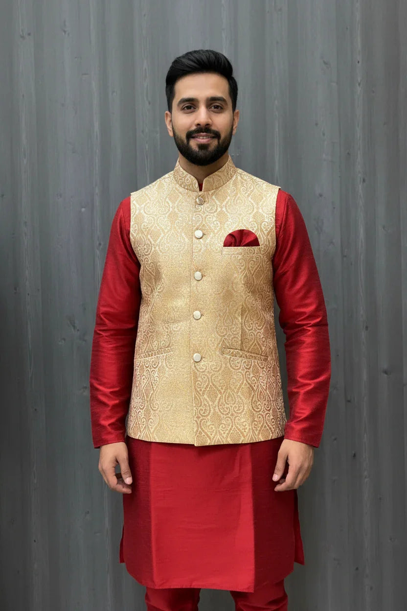 Man wearing red Indian ethnic kurta with gold brocade Nehru jacket and red pocket square, standing against gray background