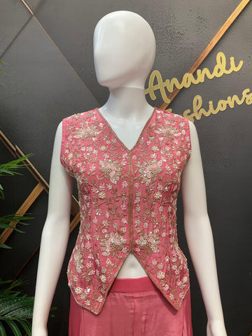 Pink Satin Silk Indo Western Set with Vest - Party Wear