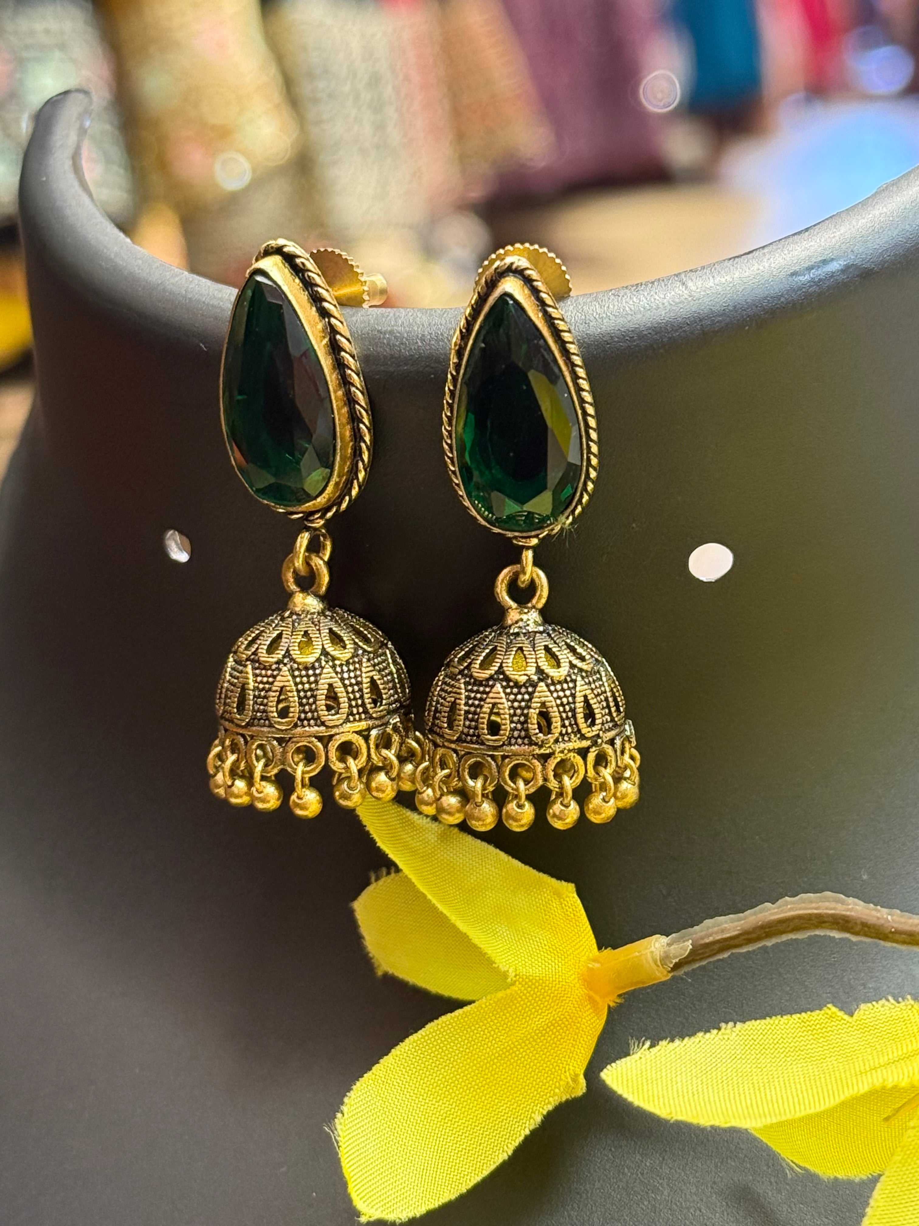 Copper Jhumkas/Earrings with Colored Stones