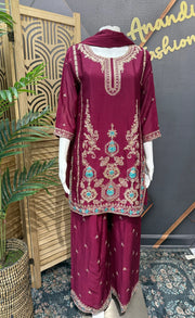 Wine Color Party Wear Palazzo Set Size 40 - Embroidery Work