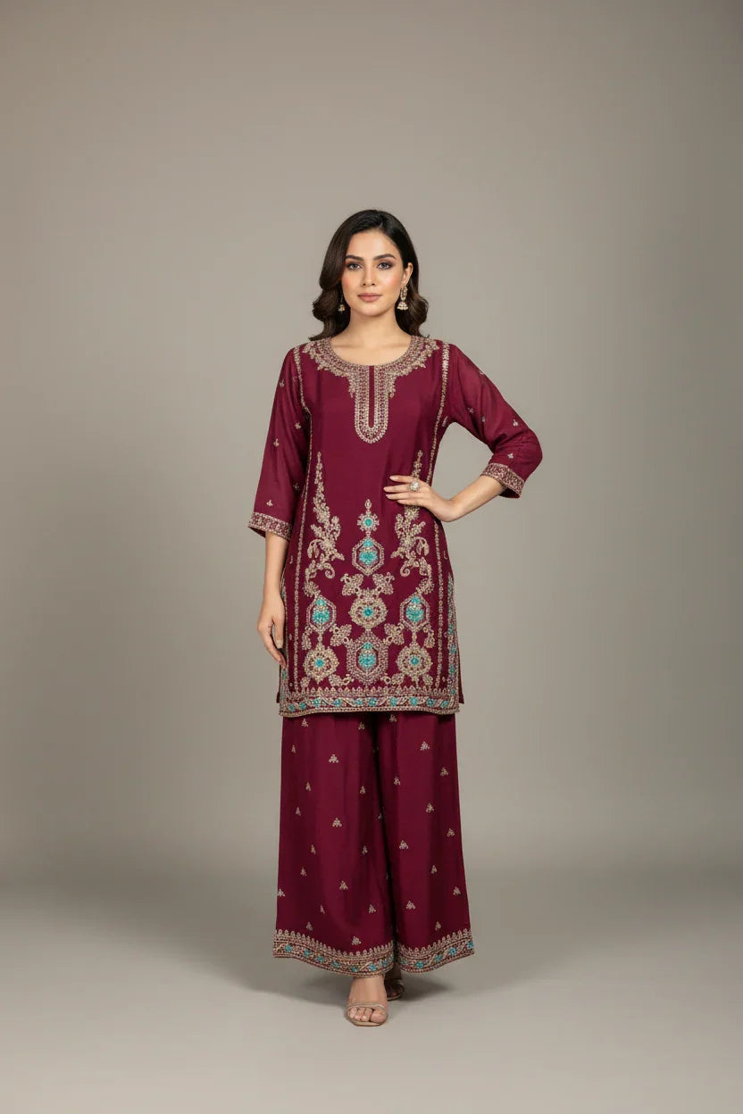 Woman wearing maroon Indian ethnic embroidered kurta with matching wide-leg palazzo pants