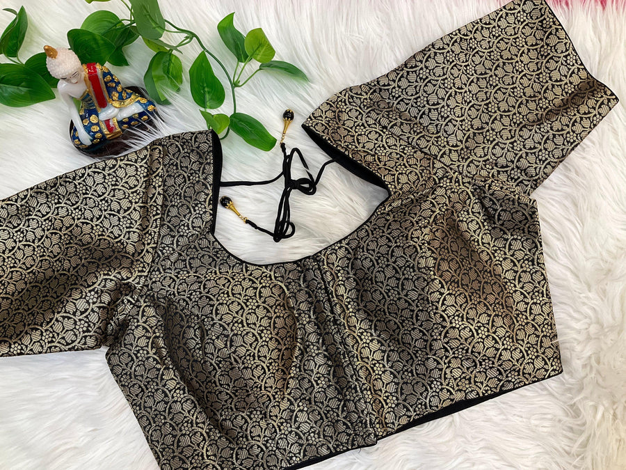 Premium Quality Black Brocade Blouse - Front Opening