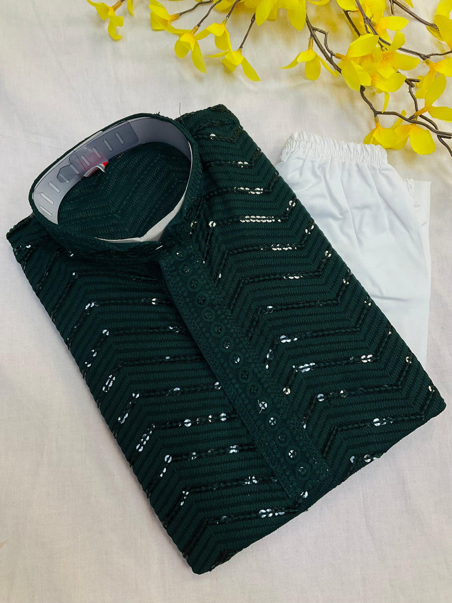 Boys Bottle Green Sequence Kurta Set - Premium Embroidered Ethnic Wear