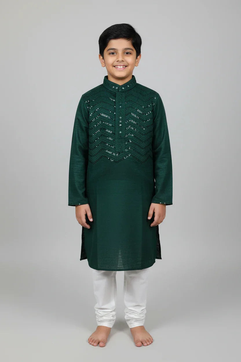 Boys Bottle Green Sequence Kurta Set - Premium Embroidered Ethnic Wear
