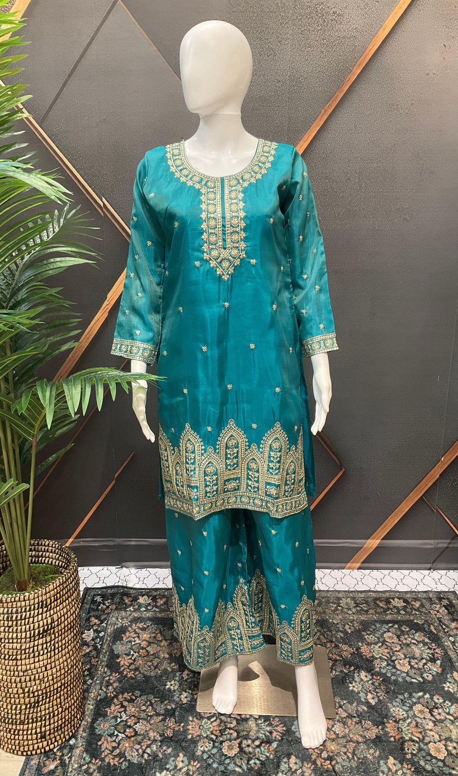 Ocean Rama Party Wear Palazzo Set - Shimmery with Gold Zari