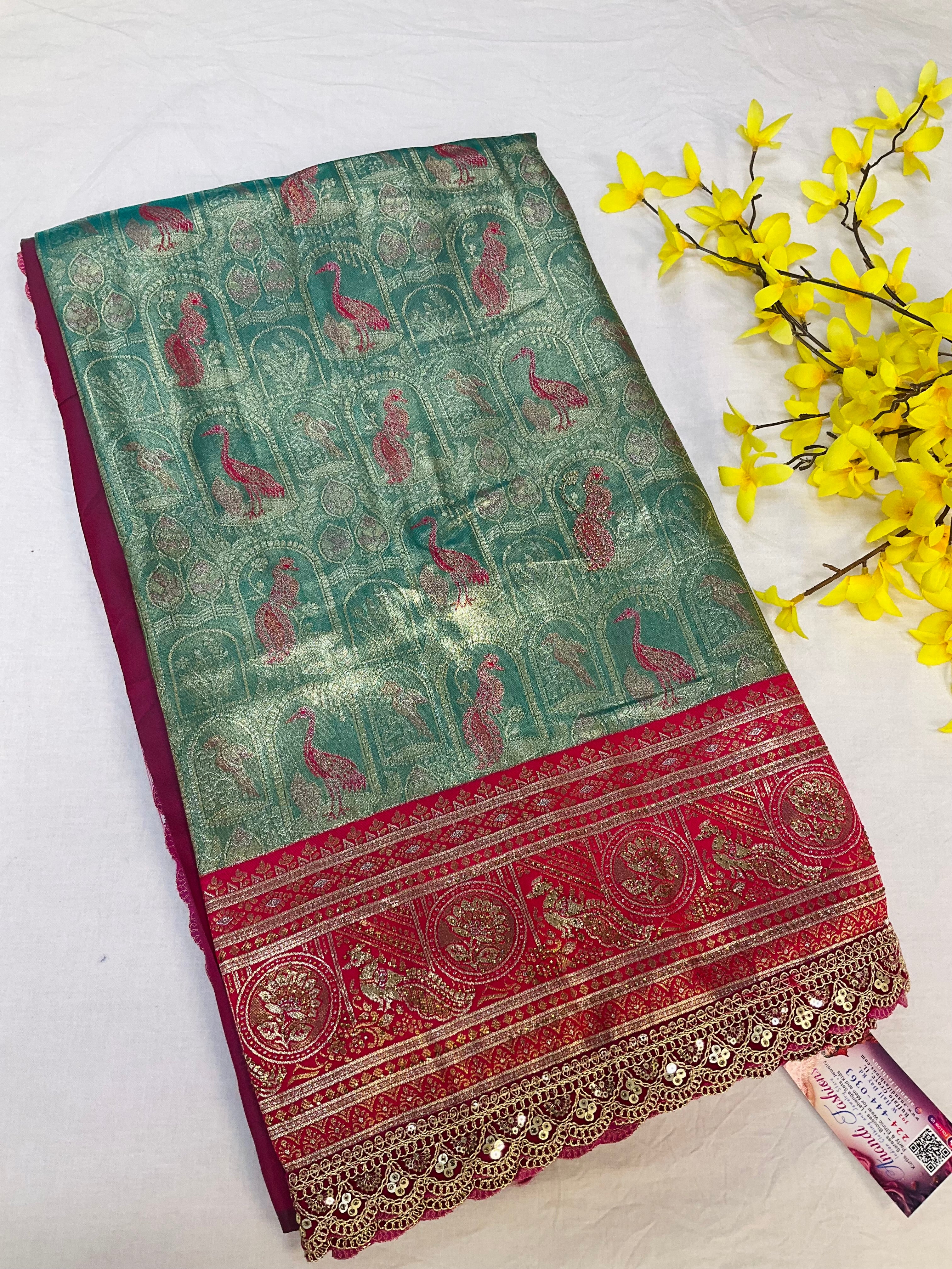 Women's Sea Green Silk Saree with Red Border