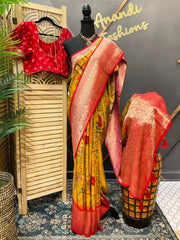 Unique Pattern - Mustard yellow Russian Silk saree with Stitched Blouse