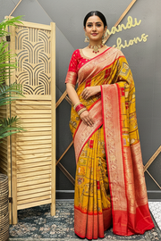 Unique Pattern - Mustard yellow Russian Silk saree with Stitched Blouse